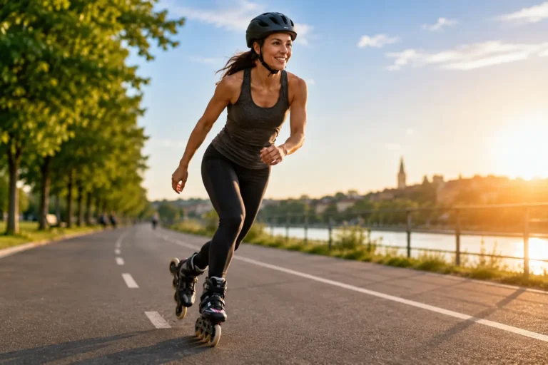 femme en roller fitness sur piste cyclable au coucher du soleil