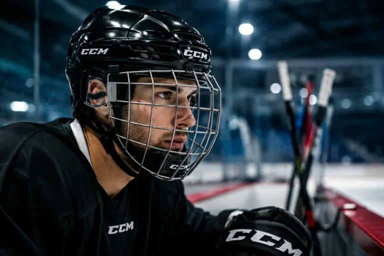 joueur de hockey portant un casque avec grille sur patinoire