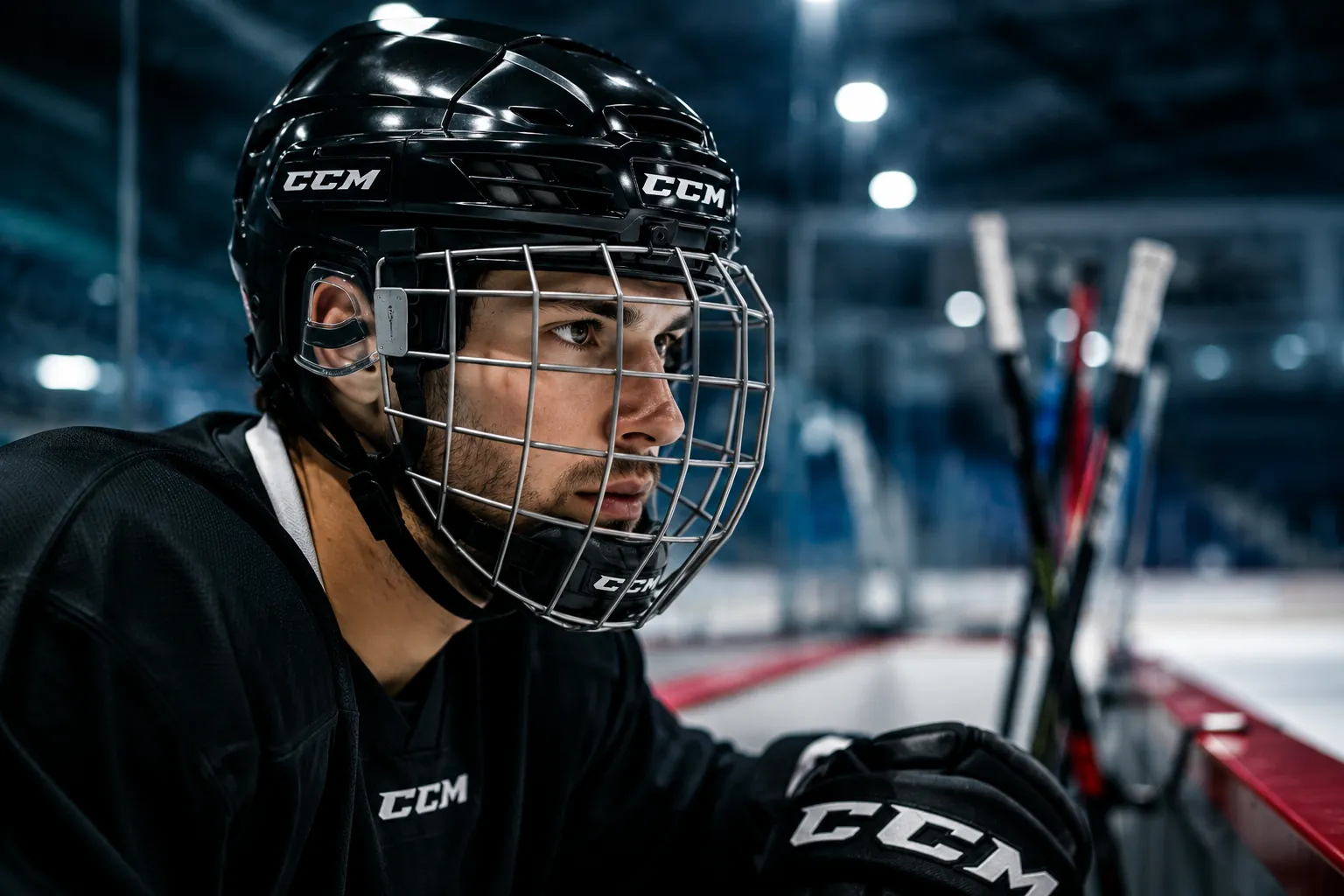 joueur de hockey portant un casque avec grille sur patinoire