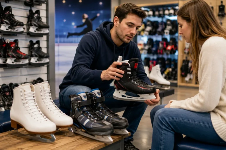 vendeur présentant un patin de hockey dans une boutique de patins