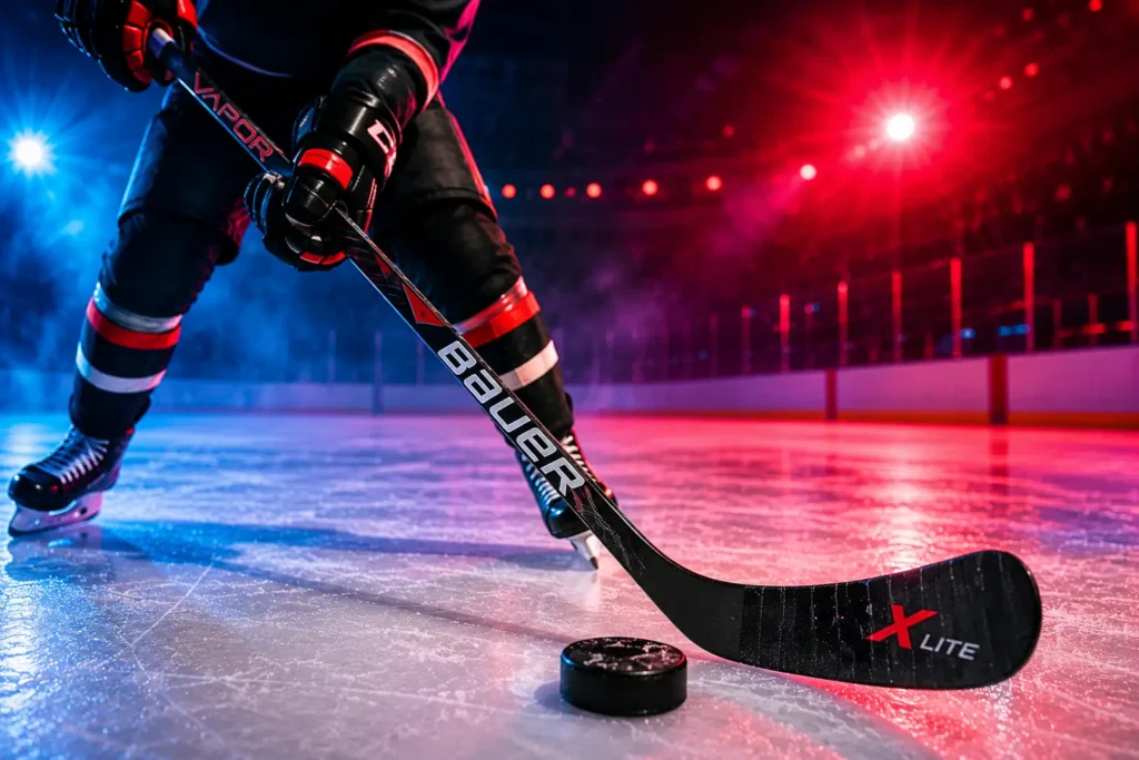 joueur de hockey contrôlant un palet avec sa crosse sur glace