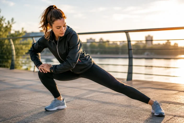 femme réalisant un échauffement dynamique avant une séance de sport en extérieur