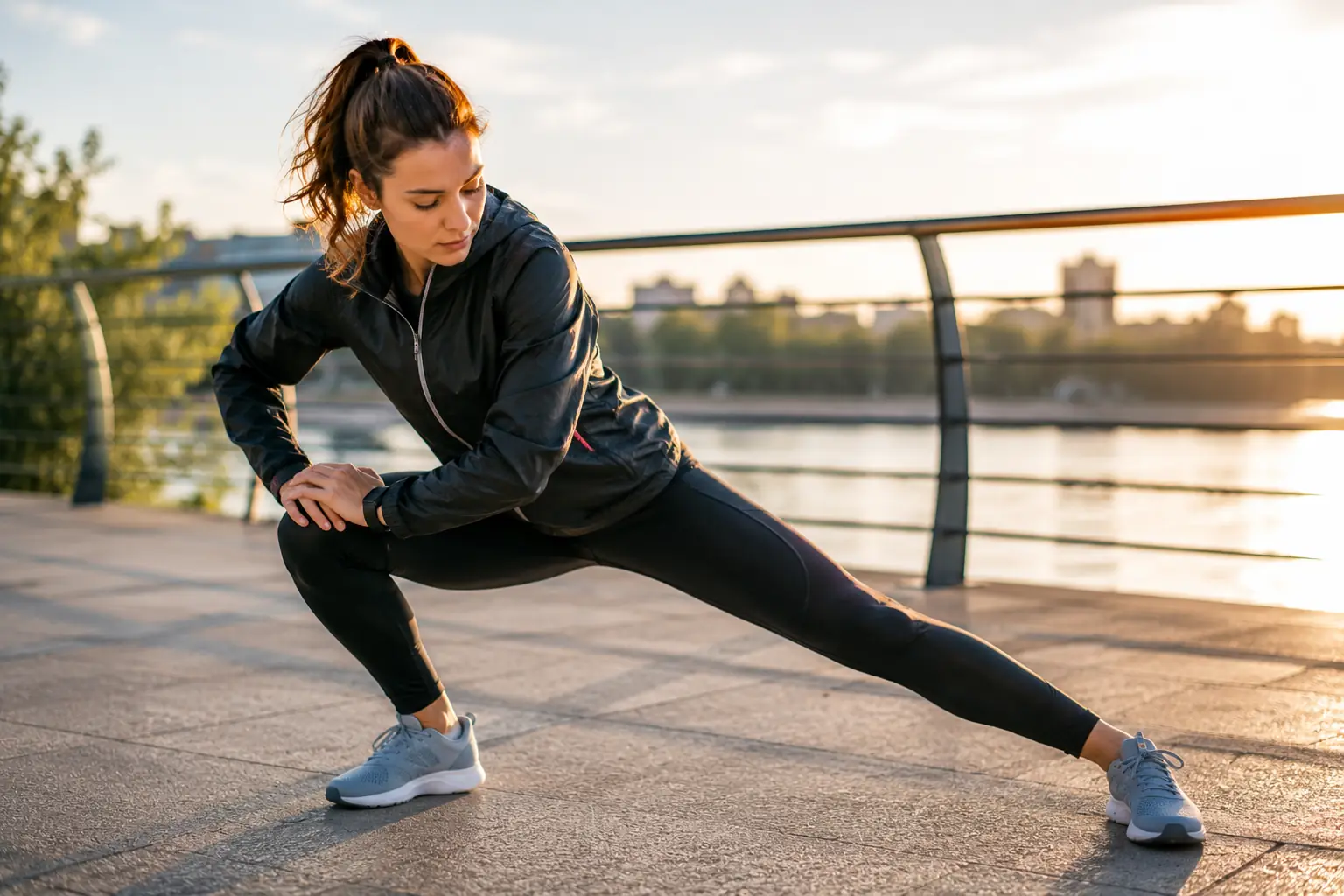 femme réalisant un échauffement dynamique avant une séance de sport en extérieur