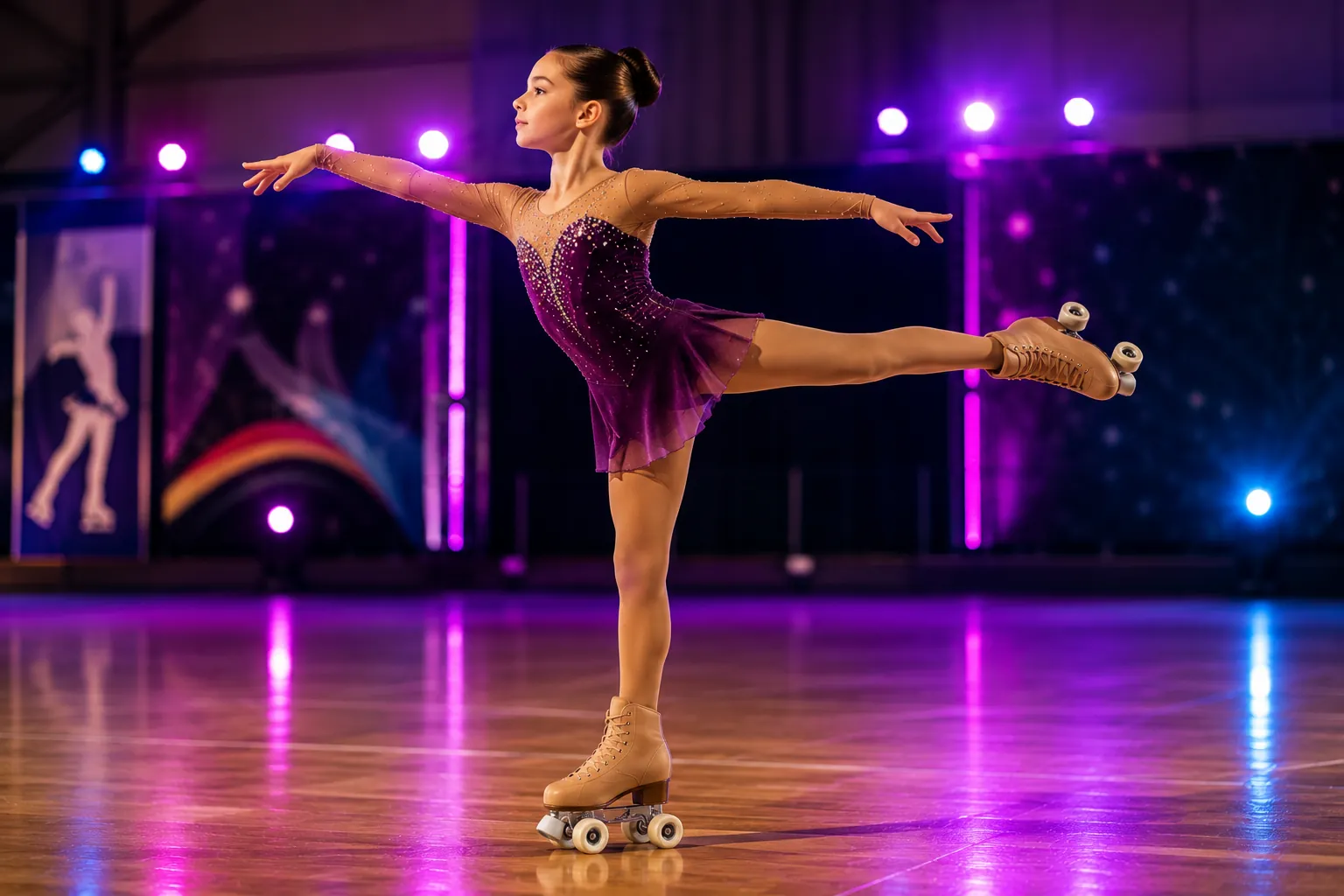 patineuse en roller artistique réalisant une arabesque sur parquet