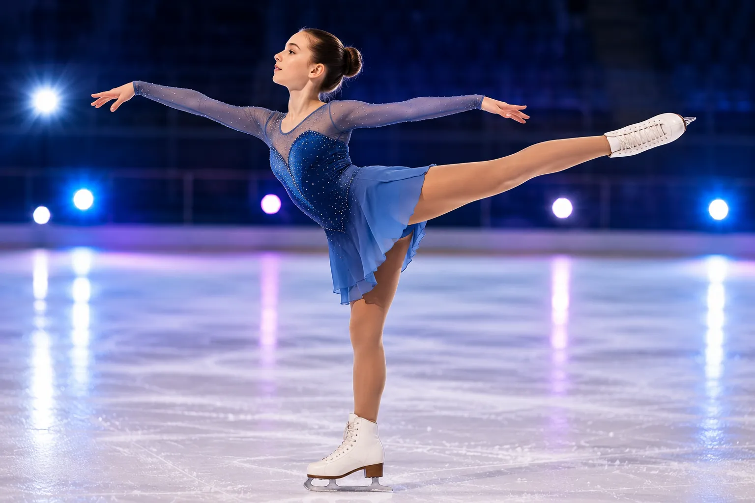 patineuse artistique réalisant une arabesque sur glace