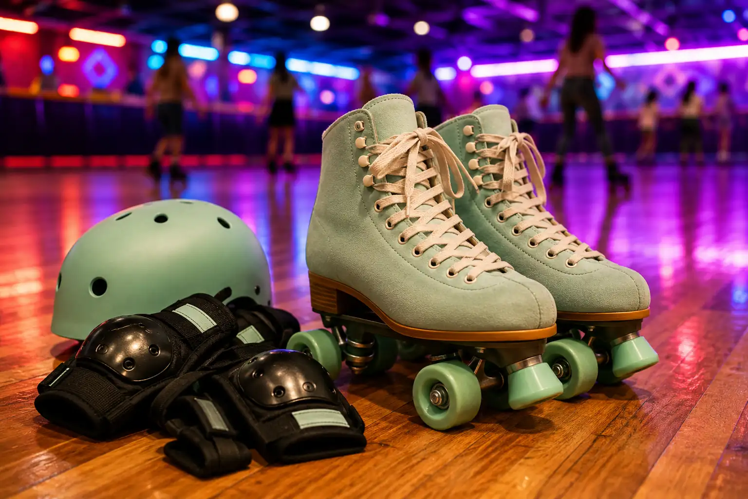 patins à roulettes quad avec casque et protections sur piste de roller