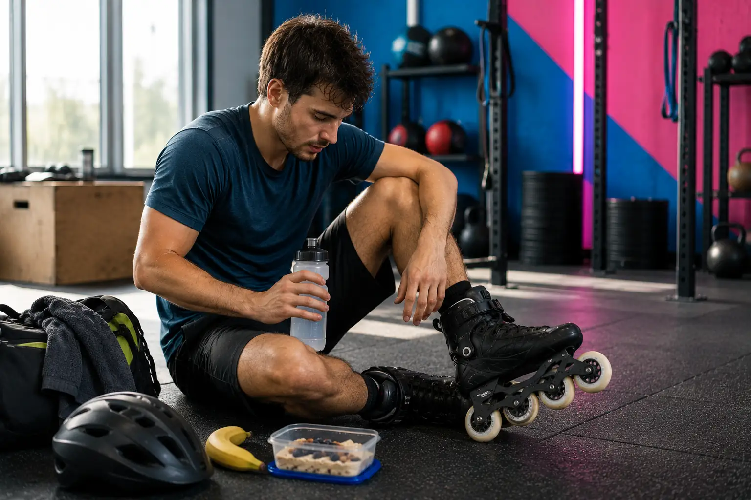 sportif en rollers récupérant après un entraînement dans une salle de sport avec gourde et collation