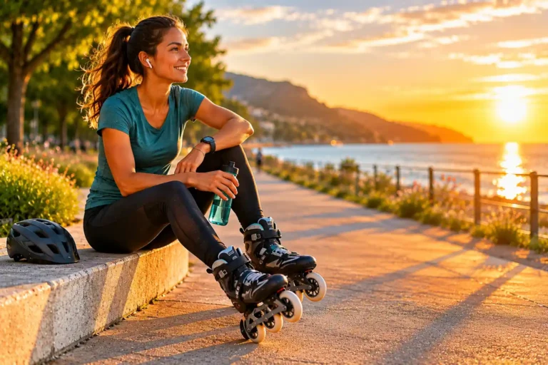 femme en roller au bord de mer au coucher du soleil