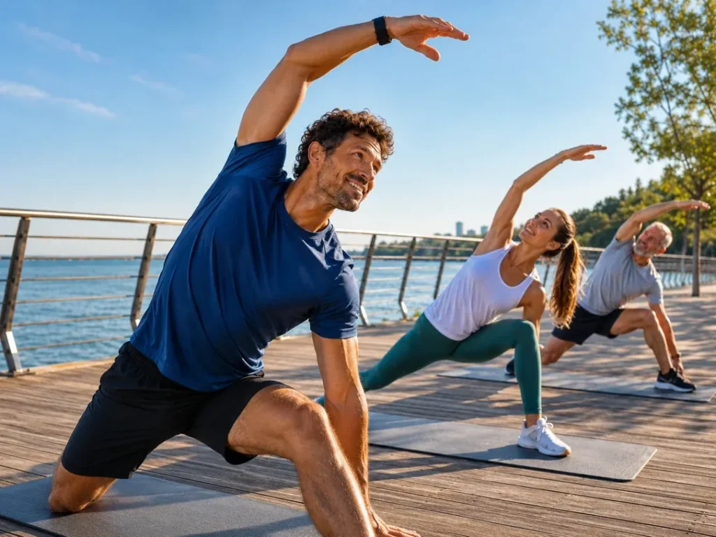 Groupe de personnes pratiquant le stretching en extérieur