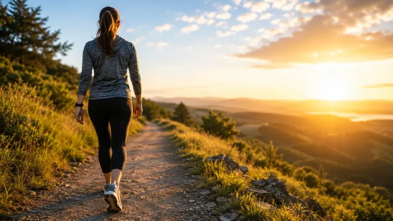 Personne marchant sur un sentier en pleine nature au coucher du soleil pour illustrer la distance parcourue avec 19 000 pas en kilomètres