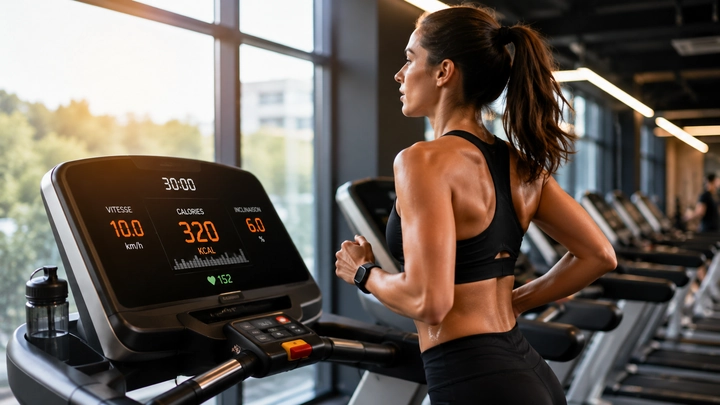 Femme courant sur un tapis de course dans une salle de sport pour illustrer 30 minutes de tapis de course