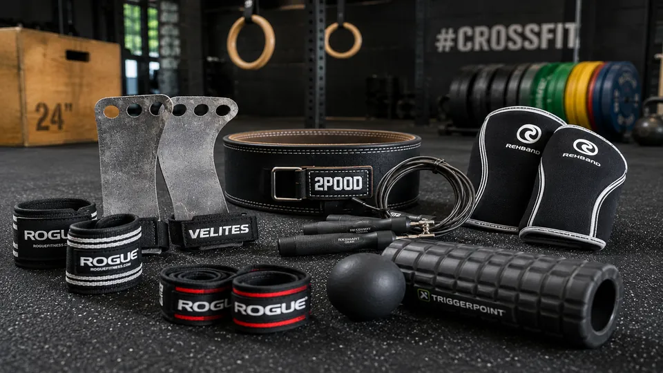 Accessoires indispensables pour le CrossFit disposés dans une salle d’entraînement avec corde à sauter, maniques, ceinture d’haltérophilie, genouillères et matériel de récupération