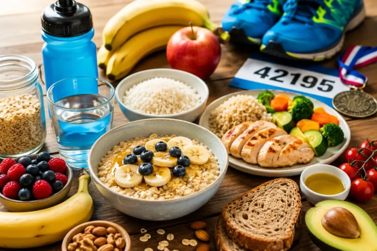 Alimentation de préparation marathon avec repas équilibrés, flocons d’avoine, bananes, riz, poulet, fruits frais et équipement de course dans une ambiance sportive colorée et réaliste