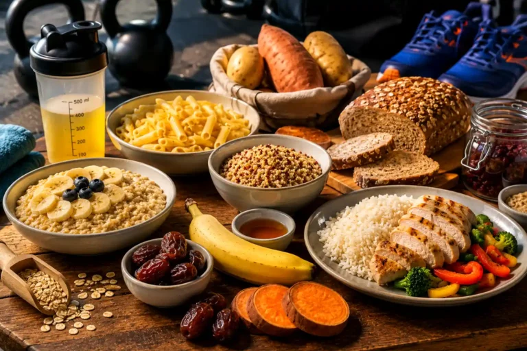 aliments riches en glucides pour le sport avec riz, pâtes, avoine, banane, dattes et repas de récupération protéiné