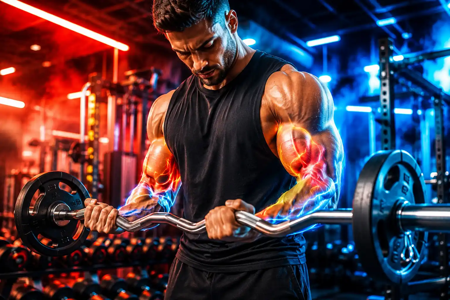 Homme musclé réalisant un curl avec barre EZ dans une salle de musculation moderne, biceps mis en valeur par des effets lumineux néon rouges et bleus dans une ambiance fitness énergique.