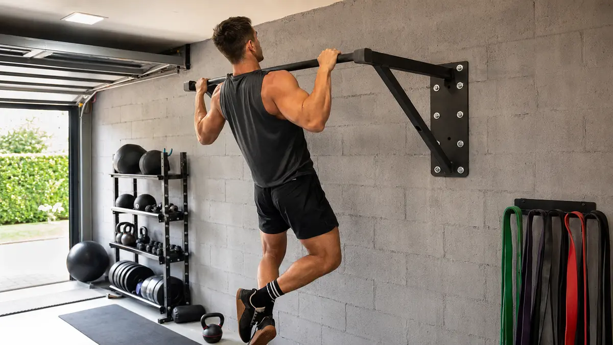 barre de traction murale avec un sportif réalisant une traction dans un home gym