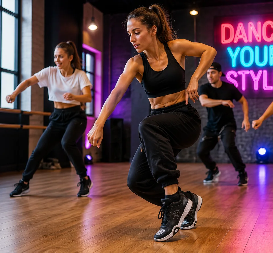 Danseuse en mouvement portant une basket pour danser lors d’un cours de danse urbaine en studio