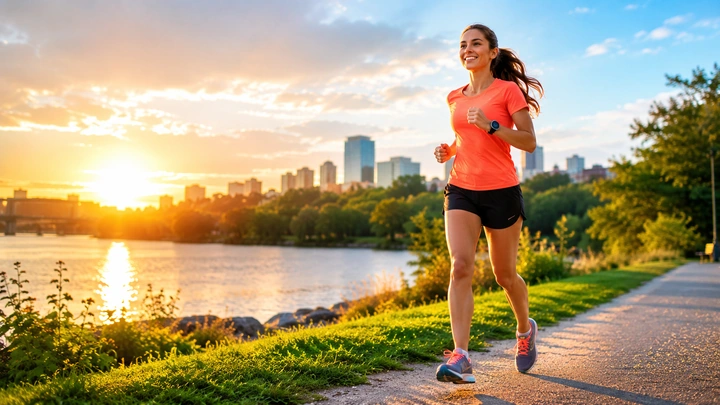 Femme courant au bord de l’eau au coucher du soleil pour illustrer les bienfaits de la course à pied pour les femmes