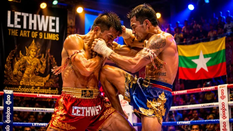 Combattants de boxe birmane Lethwei s'affrontant dans un ring lors d'un combat spectaculaire à mains nues.