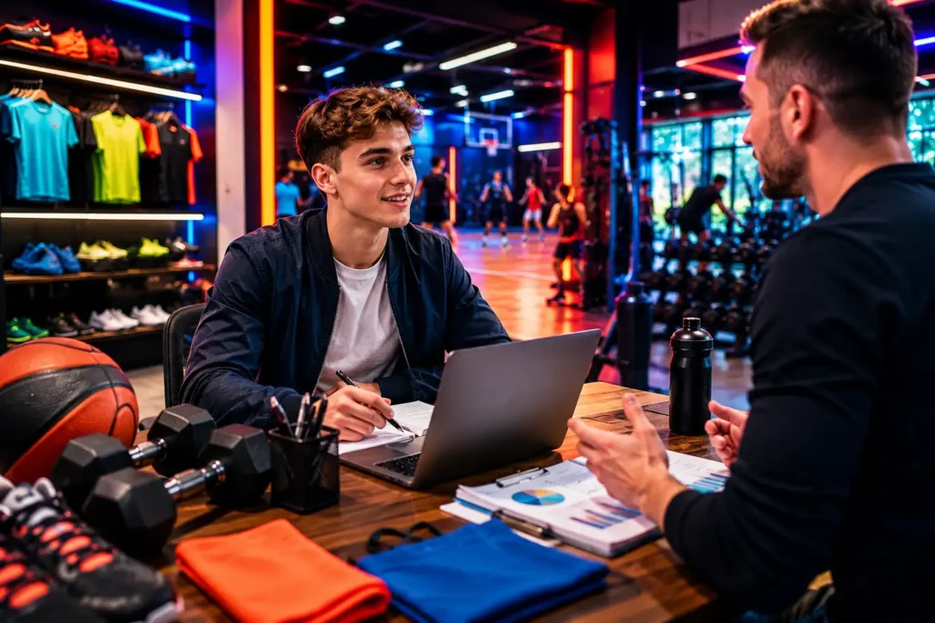 Étudiant en alternance dans le secteur du sport travaillant sur ordinateur avec un responsable, au sein d'un environnement mêlant salle de fitness, commerce sportif et management, éclairé par des couleurs néon dynamiques.