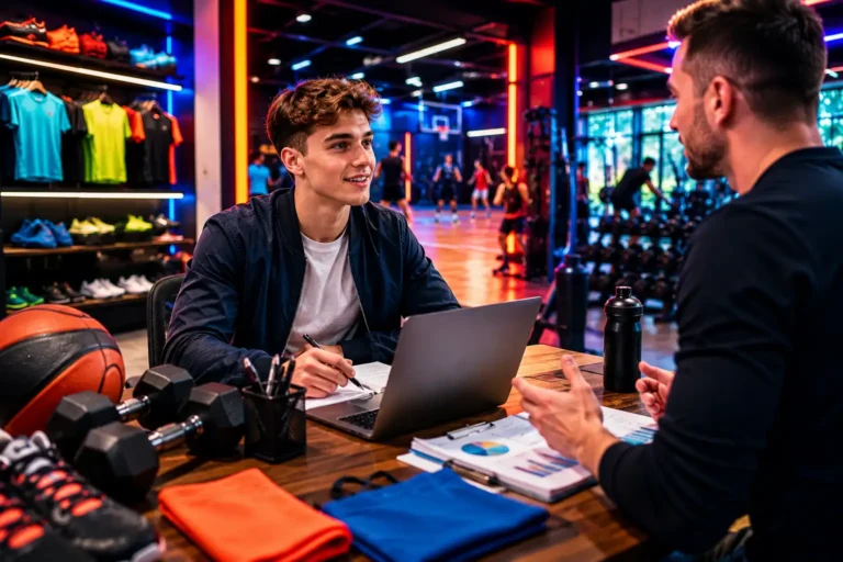 Étudiant en alternance dans le secteur du sport travaillant sur ordinateur avec un responsable, au sein d'un environnement mêlant salle de fitness, commerce sportif et management, éclairé par des couleurs néon dynamiques.