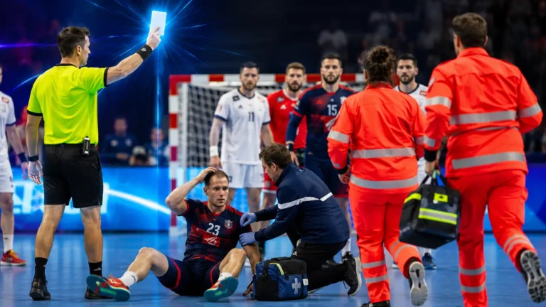 Arbitre de handball présentant un carton blanc à un joueur après un choc à la tête lors d’un match en salle pendant une évaluation médicale de suspicion de commotion cérébrale.