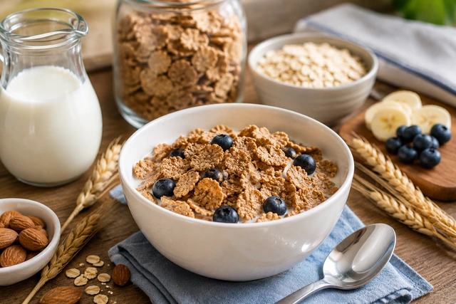 Texte ALT SEO : Bol de céréales complètes avec lait et fruits pour illustrer les céréales Fitness Nestlé