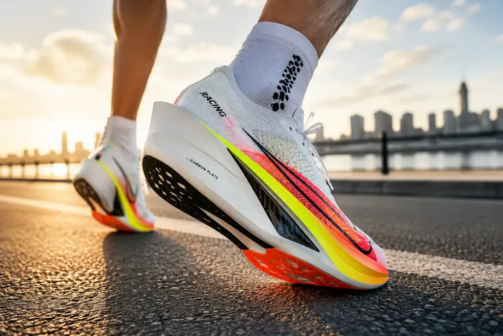 Gros plan réaliste sur une chaussure running carbone en pleine foulée sur route avec semelle dynamique et couleurs vives.