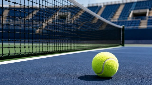 Balle de tennis posée près du filet pour illustrer combien de sets faut-il gagner au tennis