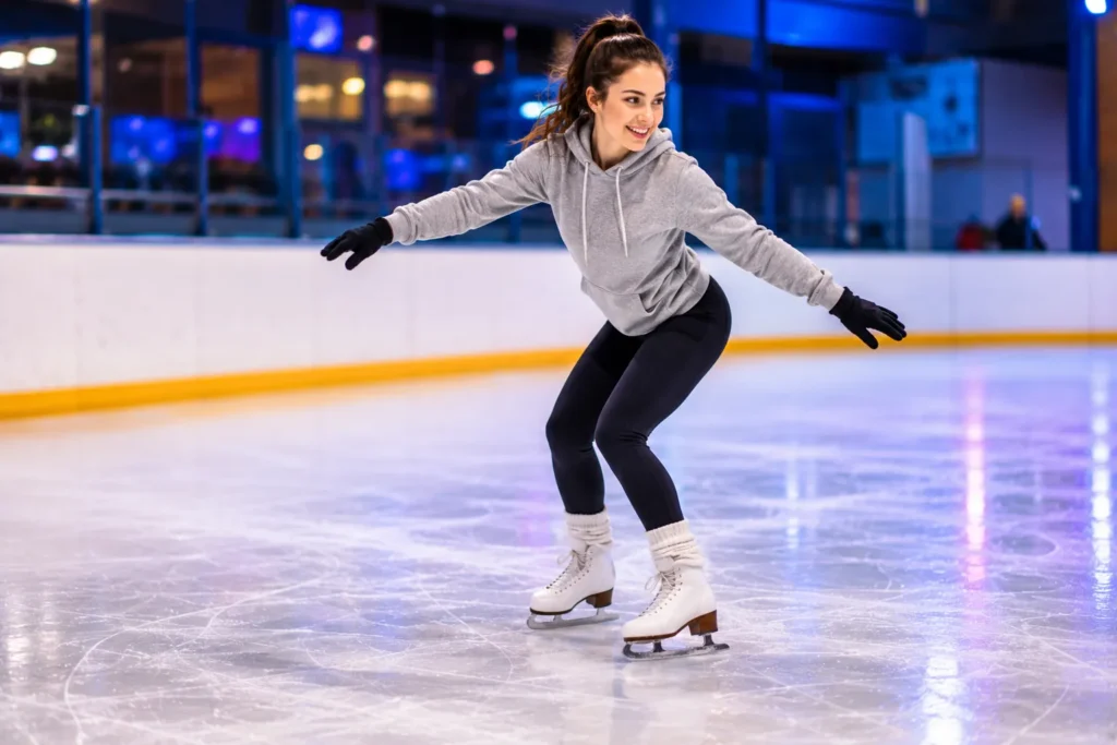 Débutante en patin à glace adoptant une posture fléchie et équilibrée sur une patinoire intérieure lors de ses premiers apprentissages