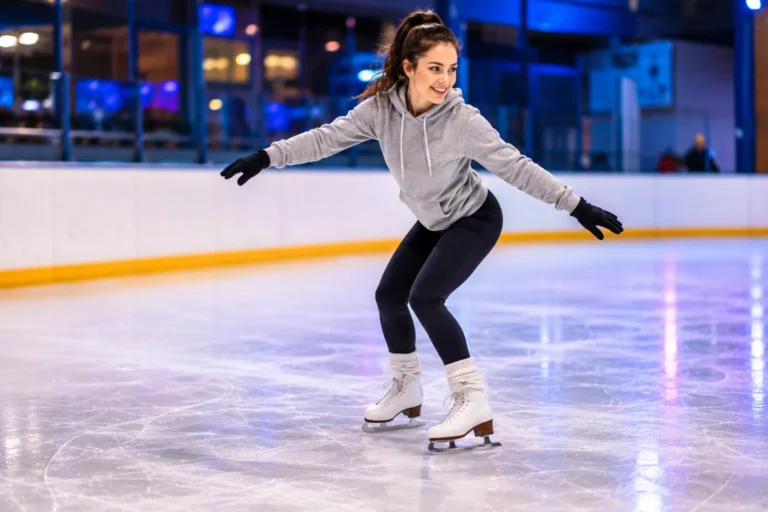 Débutante en patin à glace adoptant une posture fléchie et équilibrée sur une patinoire intérieure lors de ses premiers apprentissages