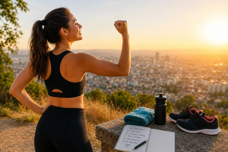 Sportive souriante célébrant sa progression physique au coucher du soleil avec vue panoramique, symbole de confiance en soi, dépassement de soi et bien-être mental