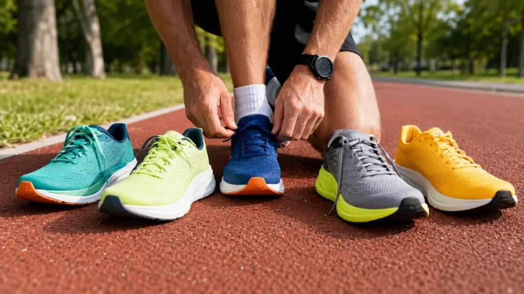 comparatif chaussures running 2024 avec plusieurs modèles de chaussures de course colorées sur une piste d’athlétisme