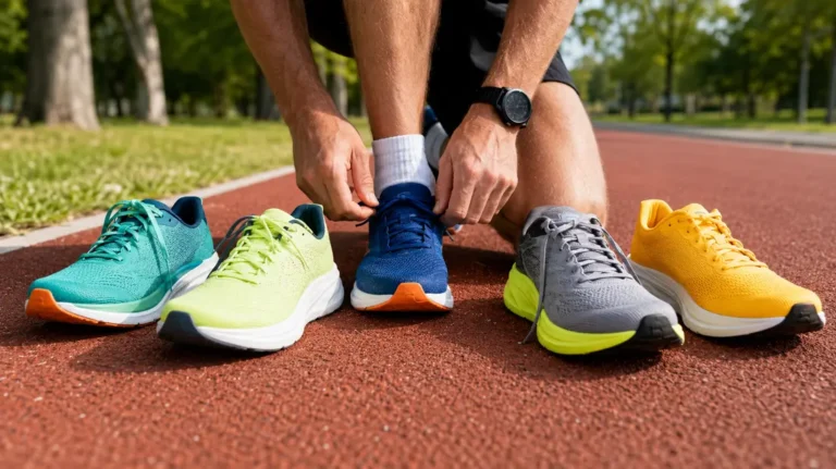 comparatif chaussures running 2024 avec plusieurs modèles de chaussures de course colorées sur une piste d’athlétisme