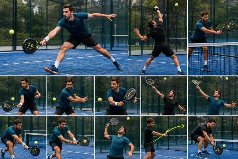 Joueur de padel réalisant différents coups techniques sur un court extérieur lors d’un échange en match