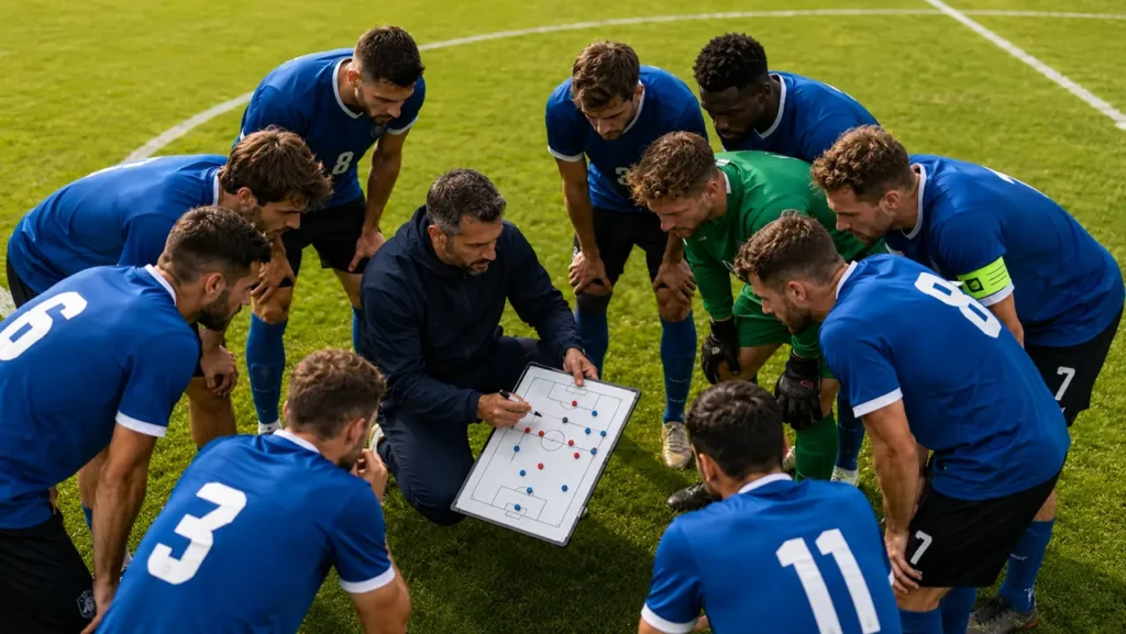 Entraîneur présentant une tactique à son équipe pour illustrer comment créer sa compo foot à 11