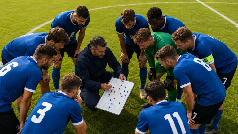 Entraîneur présentant une tactique à son équipe pour illustrer comment créer sa compo foot à 11