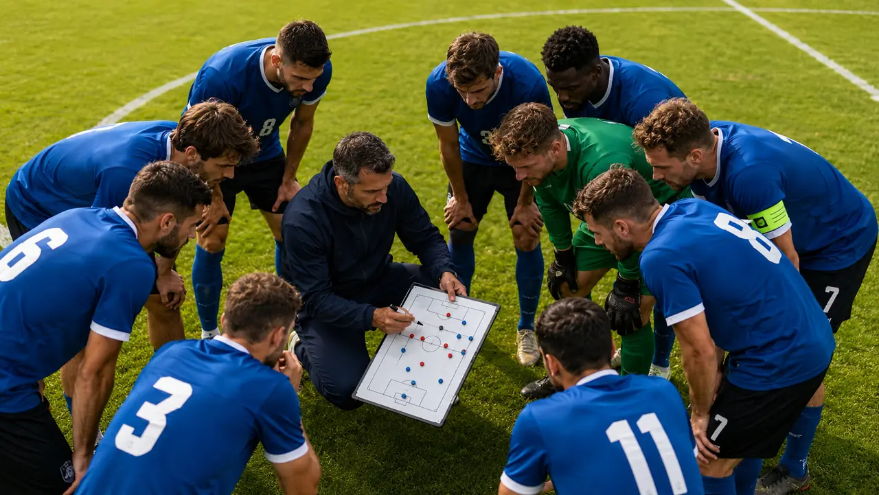 Entraîneur présentant une tactique à son équipe pour illustrer comment créer sa compo foot à 11