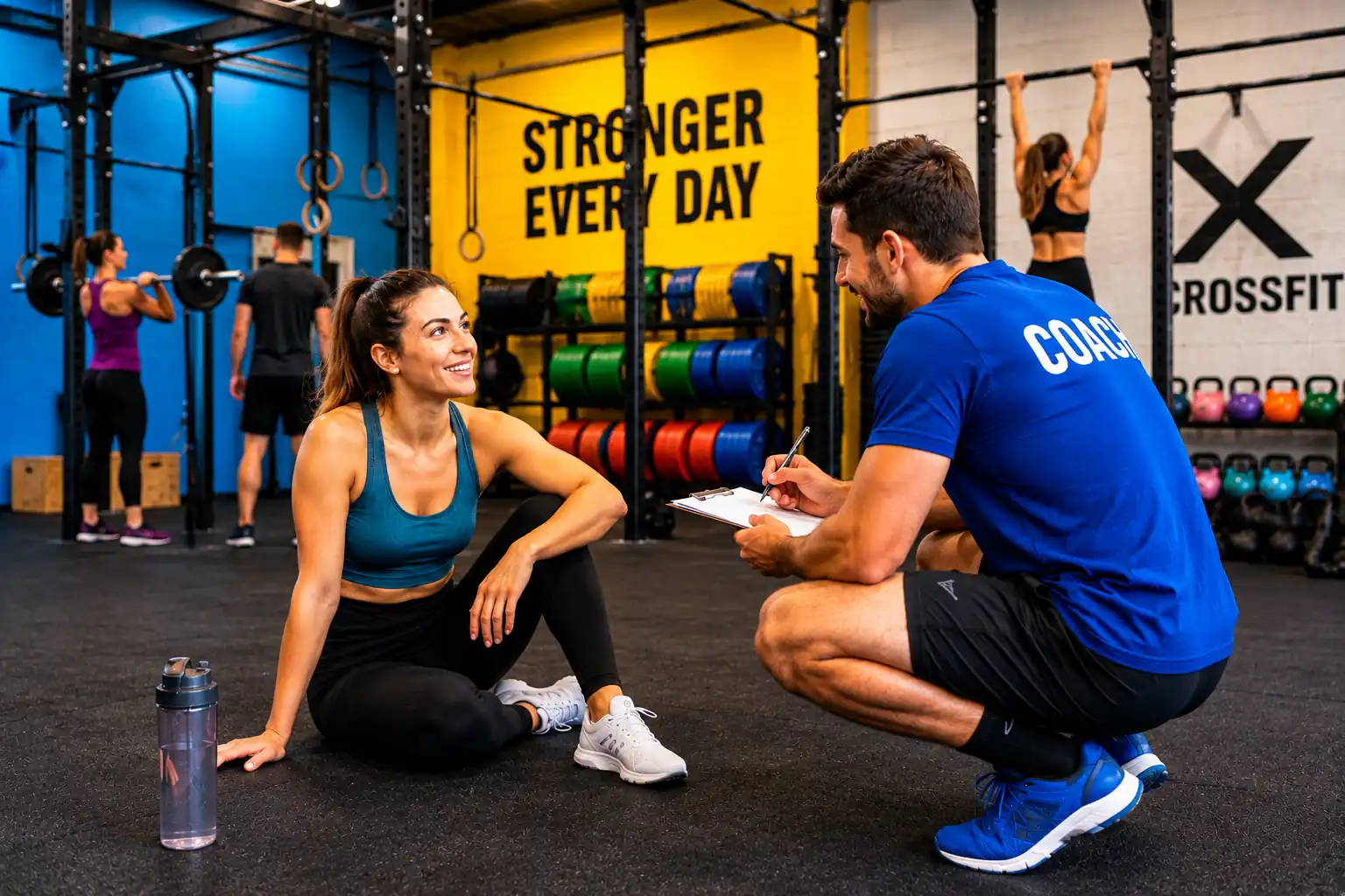 Coach présentant les formules d’abonnement dans une salle de CrossFit moderne avec pratiquants à l'entraînement
