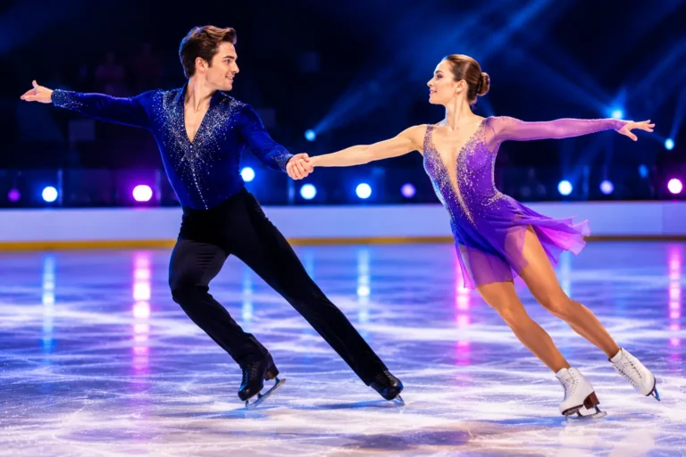 Couple de danseurs sur glace réalisant une figure chorégraphiée synchronisée sur une patinoire intérieure éclairée