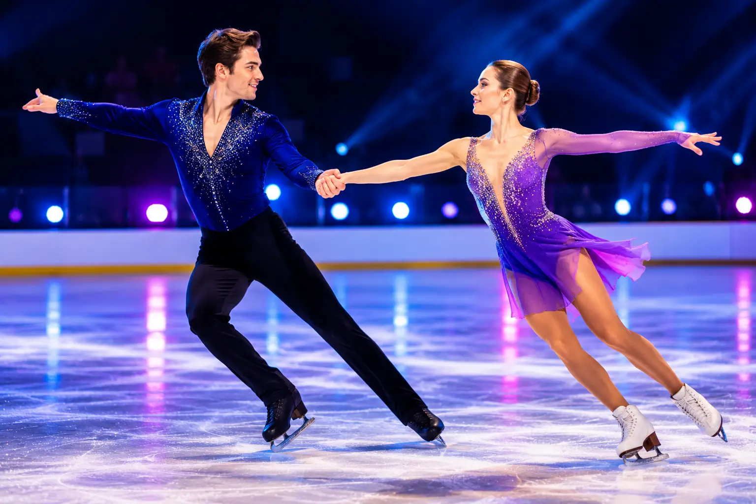 Couple de danseurs sur glace réalisant une figure chorégraphiée synchronisée sur une patinoire intérieure éclairée