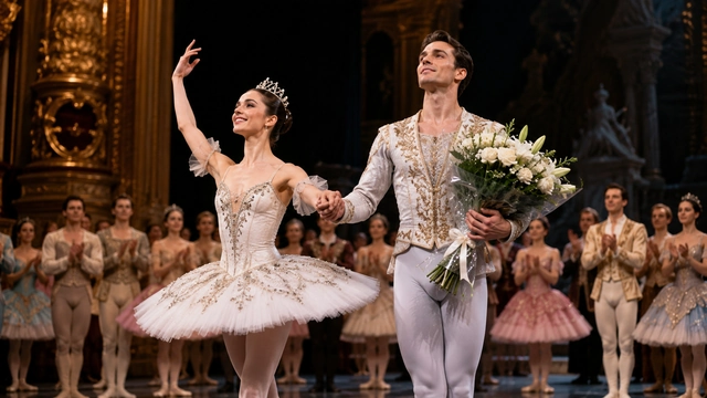 Danseurs étoiles saluant sur scène après une représentation de ballet classique