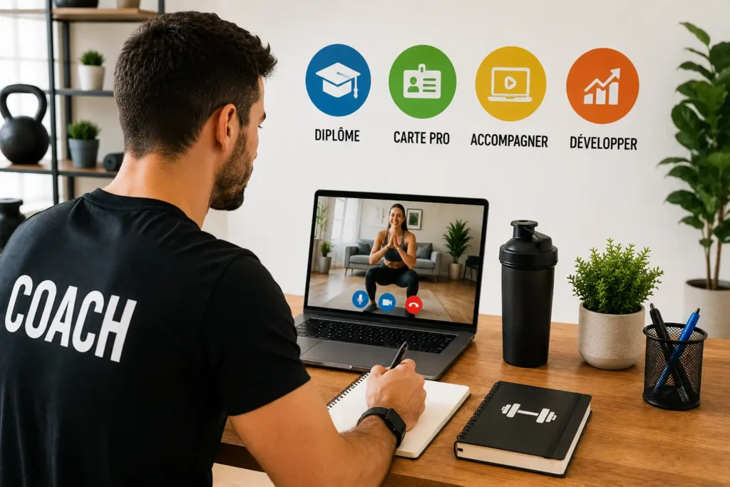 Coach sportif réalisant un accompagnement à distance depuis un bureau moderne avec ordinateur portable, matériel de fitness et ambiance professionnelle lumineuse