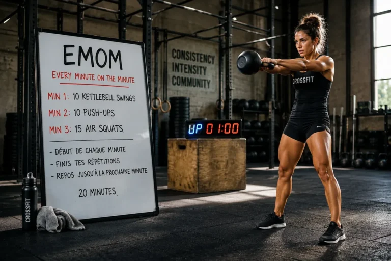Femme réalisant un kettlebell swing dans une salle de CrossFit pendant un entraînement EMOM avec chronomètre.