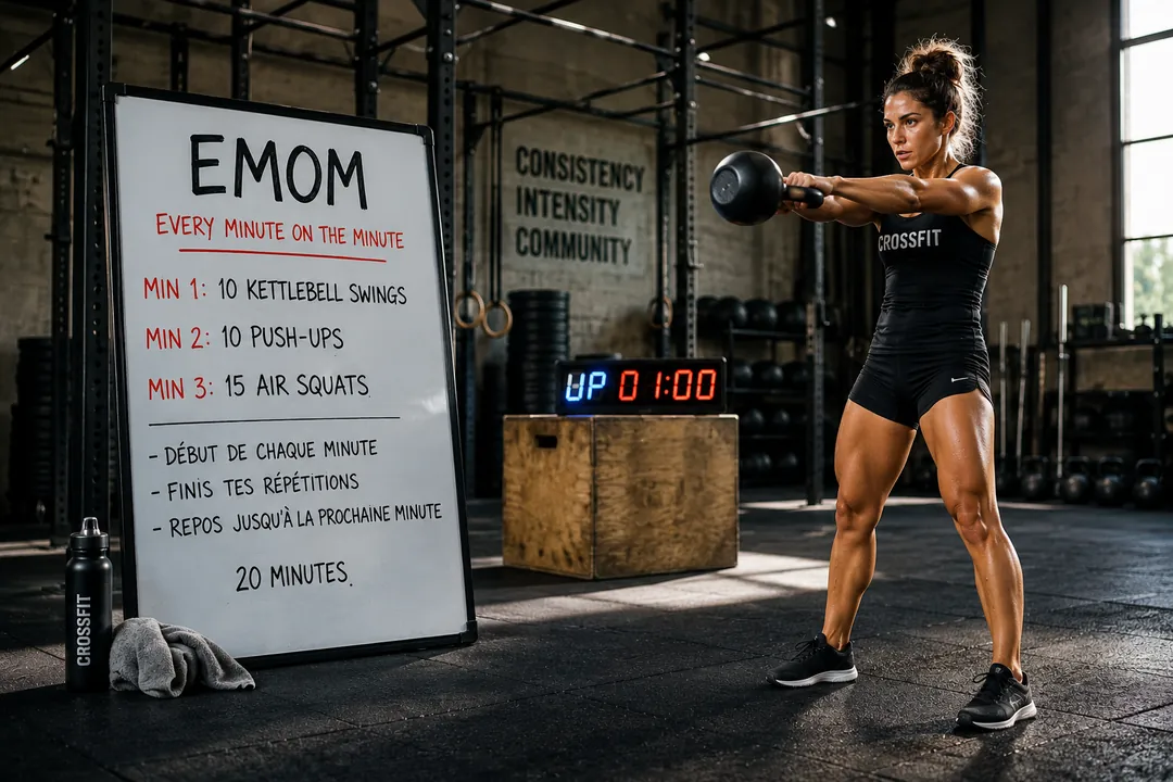 Femme réalisant un kettlebell swing dans une salle de CrossFit pendant un entraînement EMOM avec chronomètre.