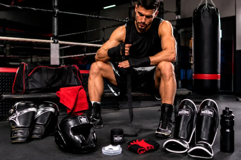 boxeur préparant ses bandes avec gants casque protège-tibias et sac de frappe dans une salle de boxe