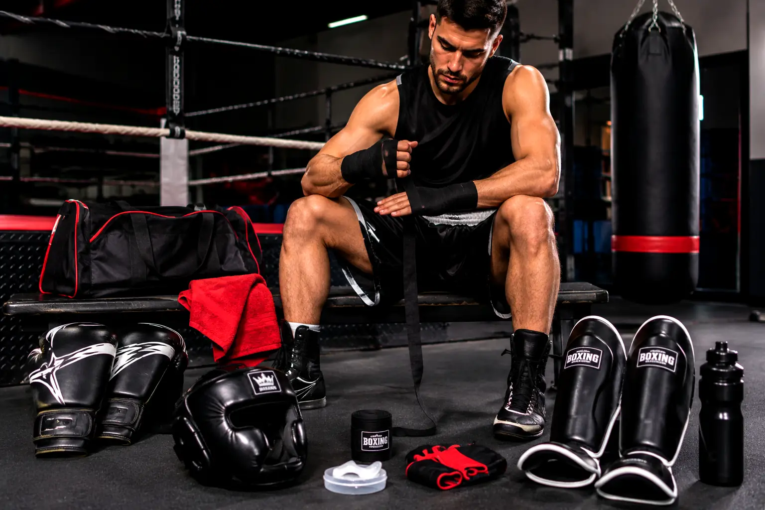 boxeur préparant ses bandes avec gants casque protège-tibias et sac de frappe dans une salle de boxe