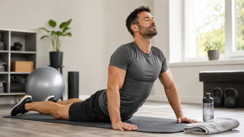 Étirements des abdominaux en fin de séance avec la posture du cobra pour favoriser la récupération musculaire.