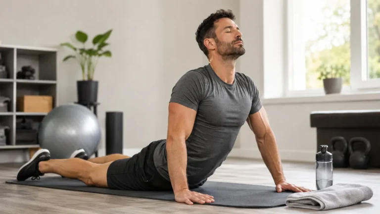 Étirements des abdominaux en fin de séance avec la posture du cobra pour favoriser la récupération musculaire.