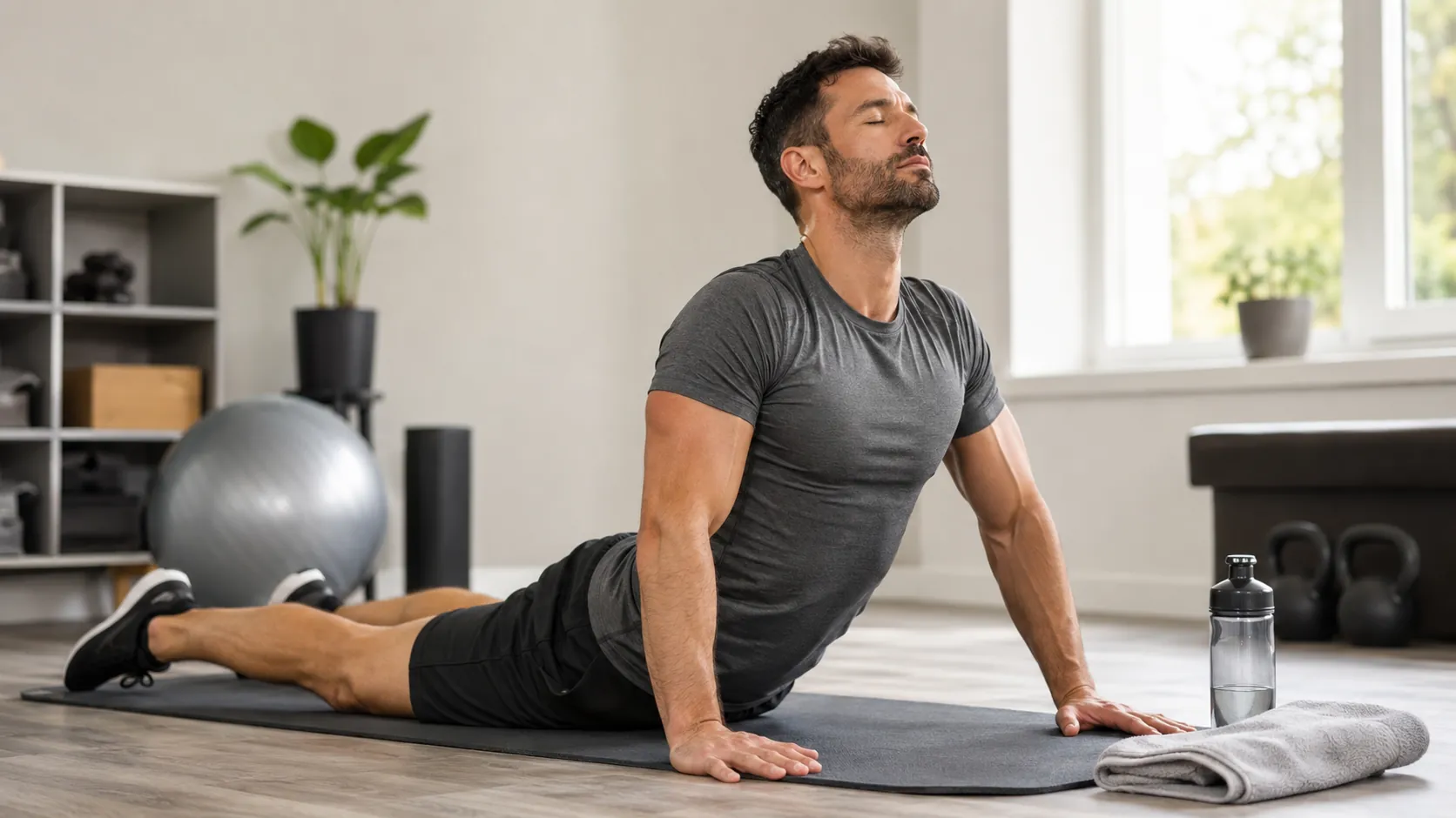 Étirements des abdominaux en fin de séance avec la posture du cobra pour favoriser la récupération musculaire.